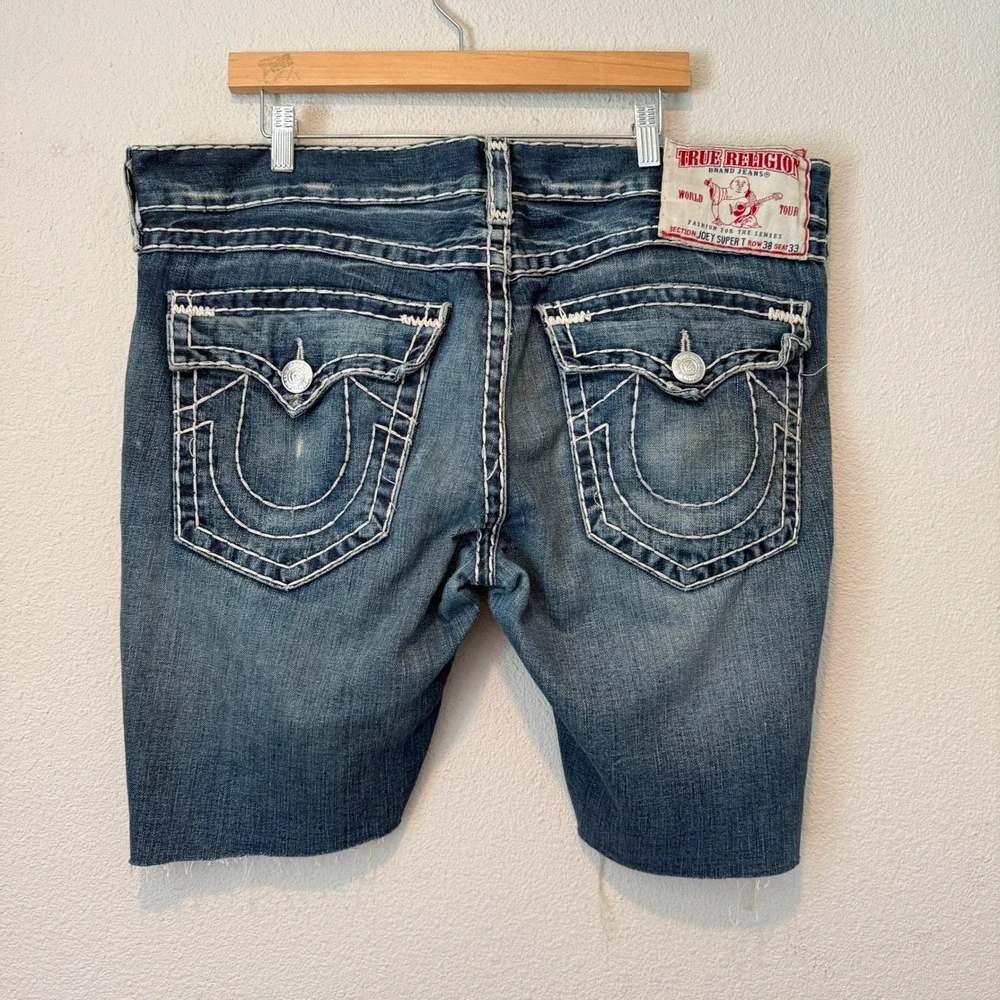 True Religion Joey Super T Mens Blue Denim Cut Off Shorts Size 38 Made in USA